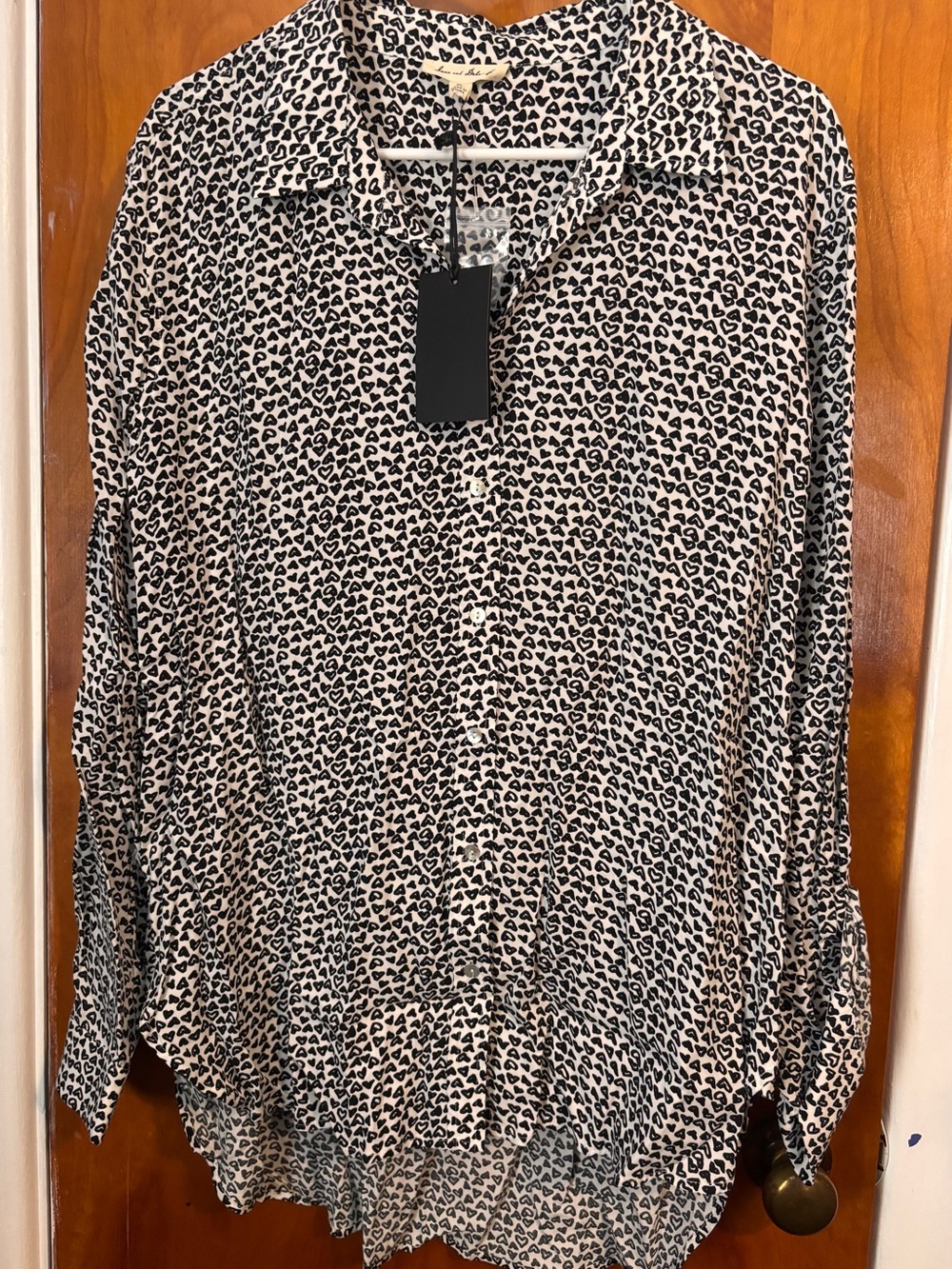 BRAND NEW: Women's Black and White Heart Print Button-Up Top